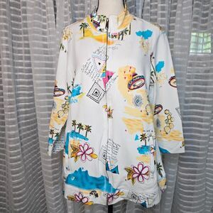 Additions by Chico's Full Zip Lightweight Jacket Pockets Vacation Design Size 2